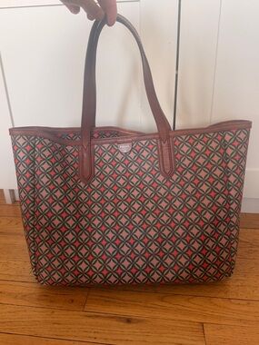 Fossil Sydney Red Patterned Tote Bag with Brown Trim